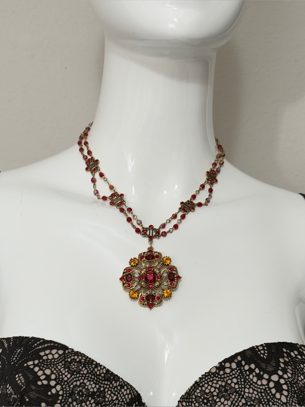 Vintage NR Nina Ricci For Avon Festoon Maltese Cross Ruby Rhinestone Necklace